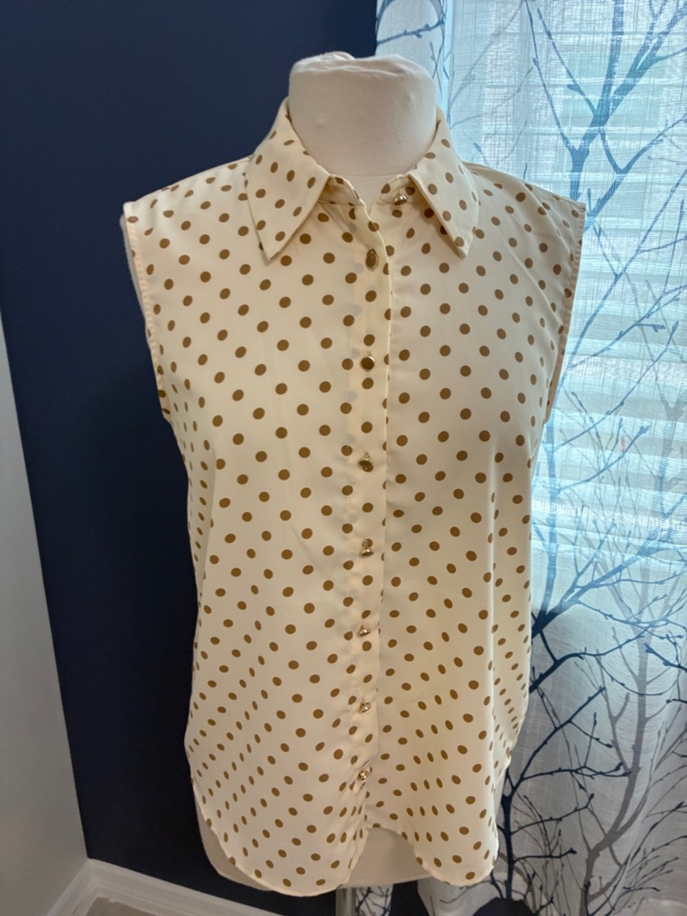 Rachel Zoe Sleeveless Cream and Brown Polka Dot Button-Up Top - Picture 2 of 6